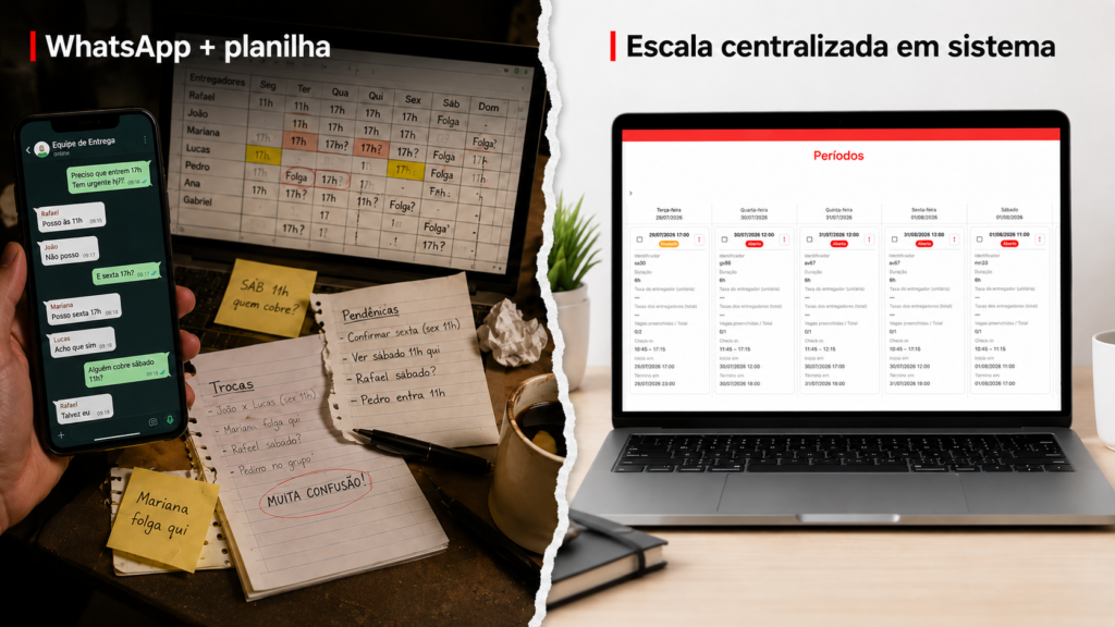 Comparação entre escala de motoboys no WhatsApp e sistema de gestão de entregadores