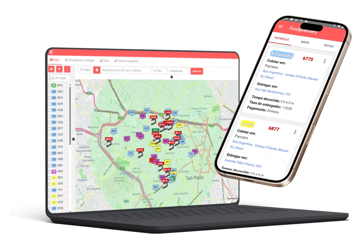 Painel e app da Foody Delivery mostrando entregadores no mapa em tempo real